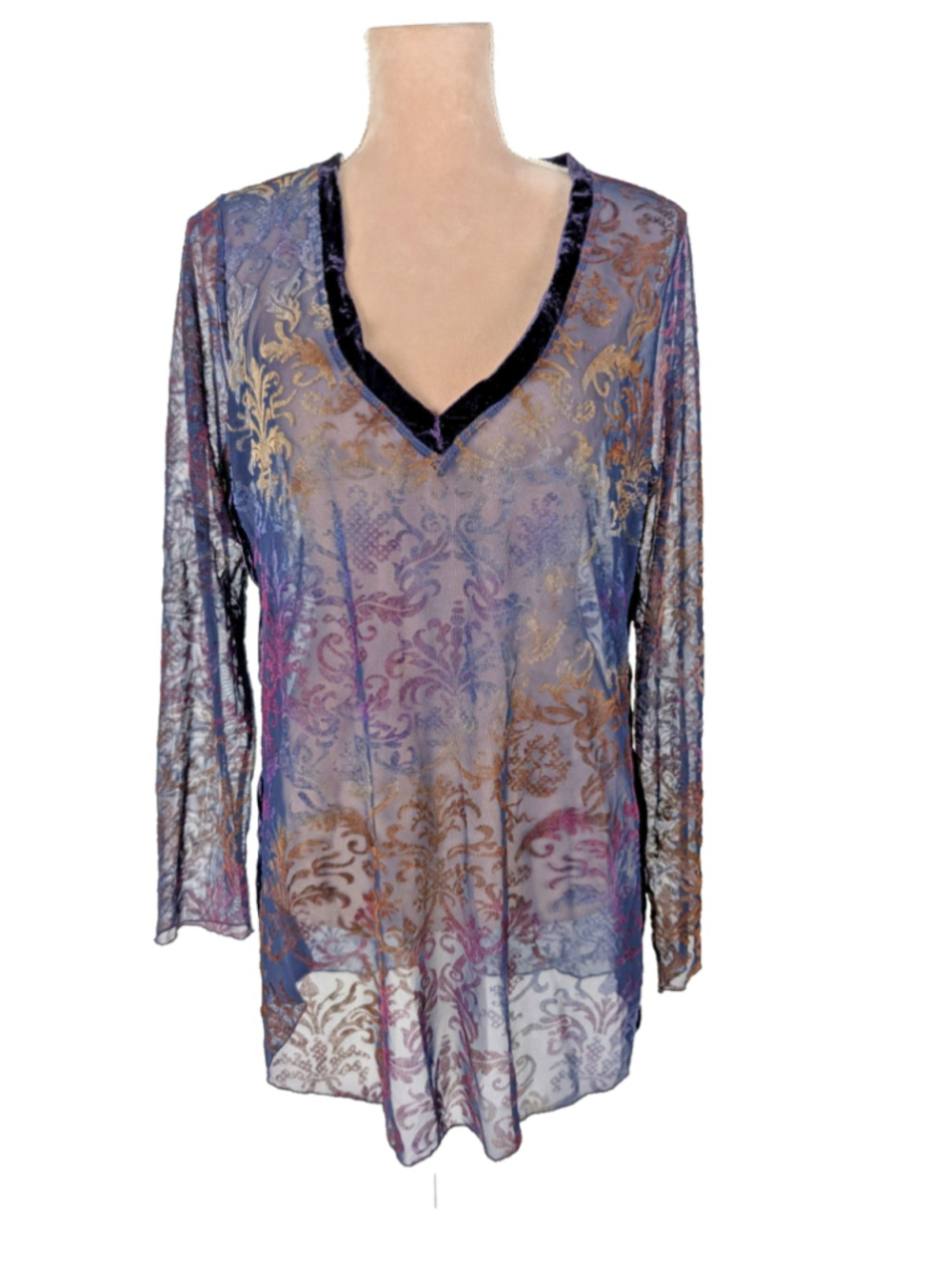 Aratta Silent Journey Burnout Velvet Sheer Rainbow Top Sz L Boho Colorful